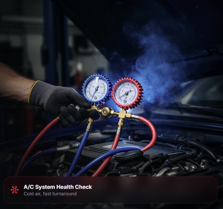 Mechanic checking A/C refrigerant pressure with gauge manifold